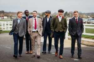 Six young men in different style suits, walking towards the camera, with a racetrack in the background.
